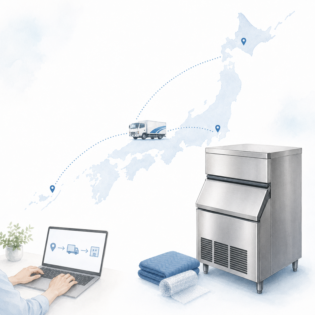全国どこでも、送り方もサポート
日本地図と配送ルートで、業務用製氷機の全国発送と送り方サポートを表したイラスト
